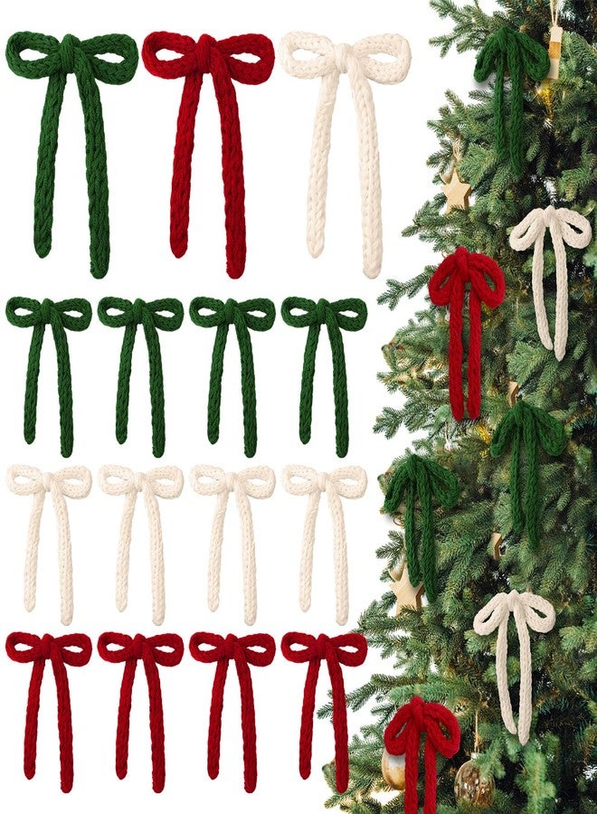 Glitinsel 24 Pcs Knitted Bows Christmas Tree Ornaments 7 Inch Boho Farmhouse Crochet Bows Neutral Rustic Hanging Ornaments for Xmas Tree Wreath Garland Decorations(Red, Beige, Green,Chunky) - Image 1